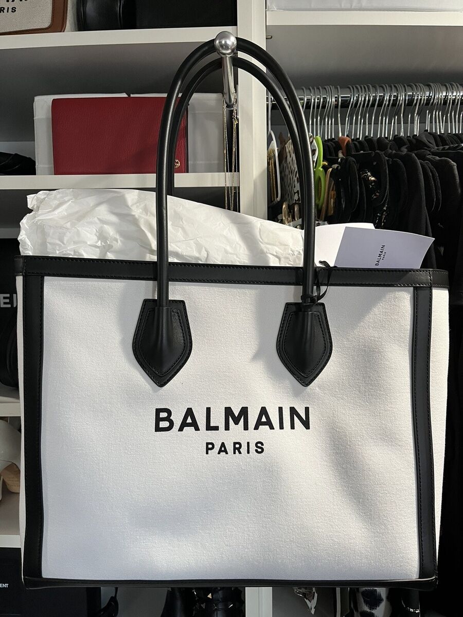 【BALMAIN】B-Army leather-trimmed canvas tote bag Balmain B-Army Leather Trimmed Canvas Tote White And Black