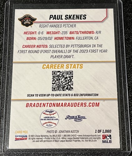 Paul Skenes 2023 Choice Bradenton Marauders Top Prospects Black RC #’d /10 SSP - Picture 4 of 4