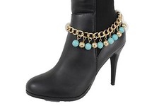 Women Boot Bracelet Gold Metal Chain Turquoise Blue Bead Bling Anklet Shoe Charm