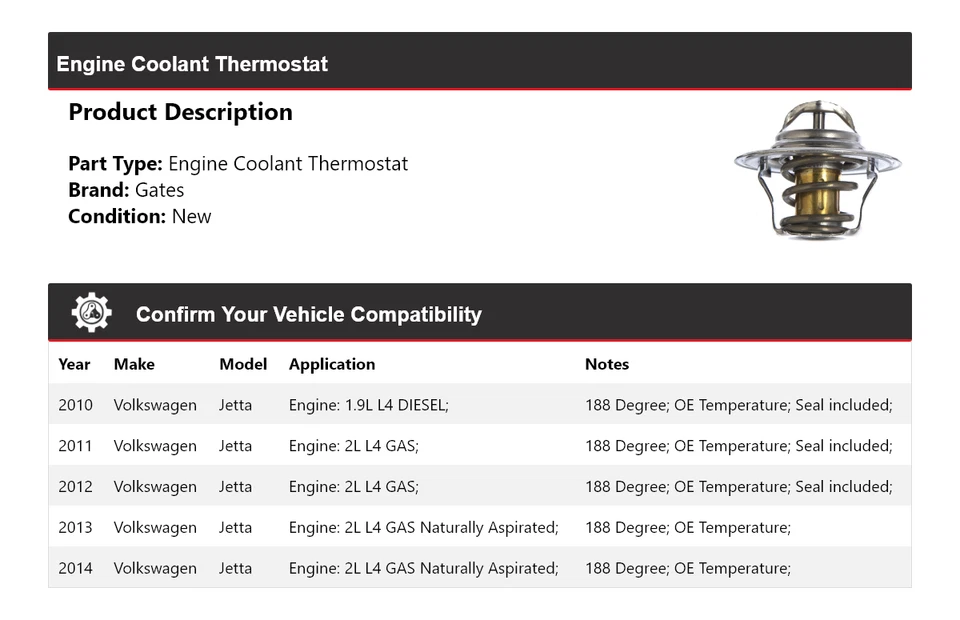 Para Volkswagen Jetta 2010-2014 Motor Refrigerante Termostato Puertas 2011 2012 2013 Foto 2 de 4