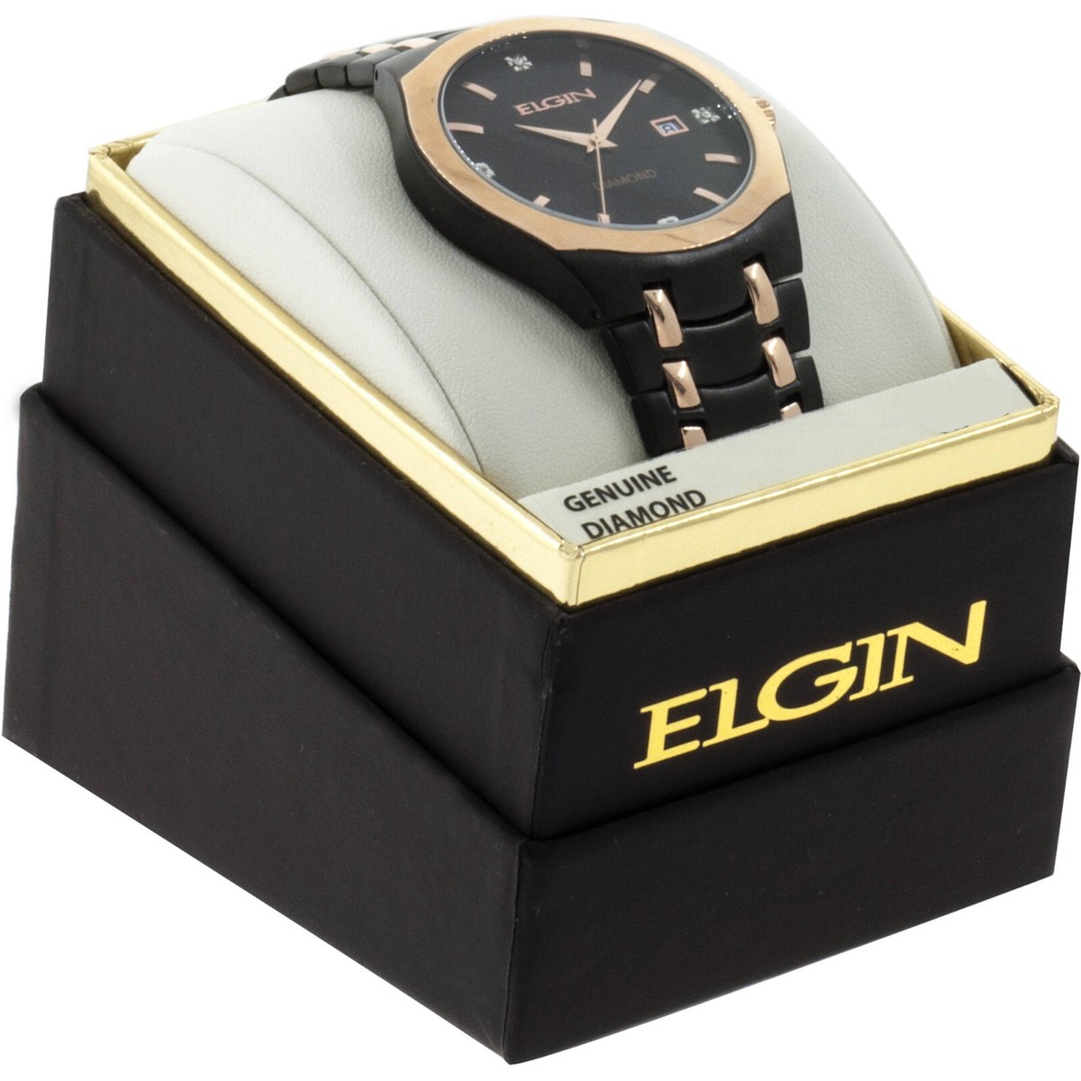ELGIN MENS BLACK AND ROSE GOLD WITH DIAMOND TWO TONE WATCH