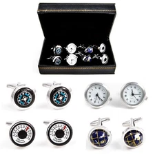 MRCUFF Traveler Working Watch Thermometer Compass Globe 4 Pairs Cufflinks Boxed