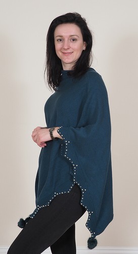 Ladies Poncho Cape Top Knitted One Size Long Warm Soft Feel Pom Pom Premium - Picture 11 of 13