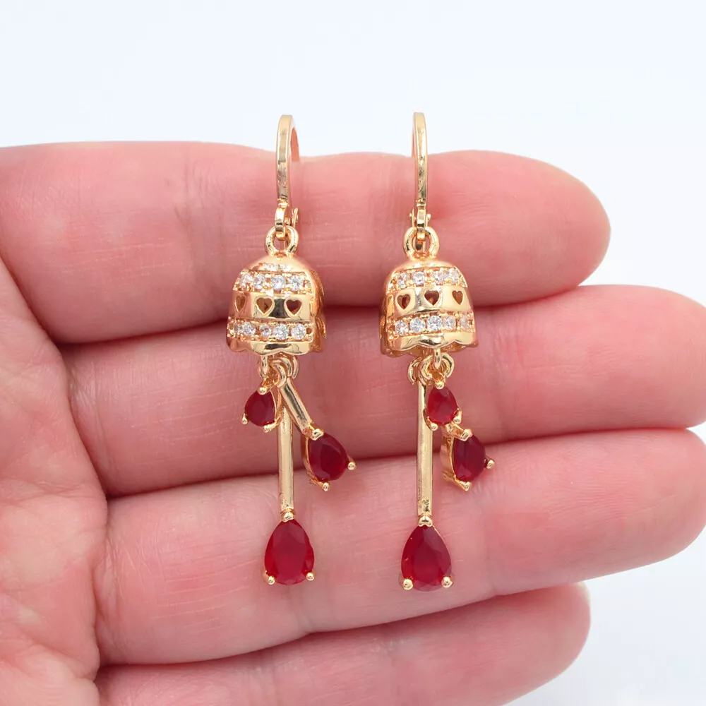 18K Yellow Gold Filled Women Red Topaz Lovely Bell Dangle Earrings