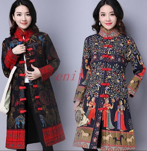 Mujeres étnica Floral Chino Algodón Acolchado Parka abrigo de invierno  cálido abrigos medio largo | eBay