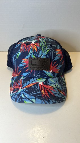 Vineyard Vines Hat Paradise Trucker Snapback Floral Whale Blue NWT - 第 1/6 張圖片