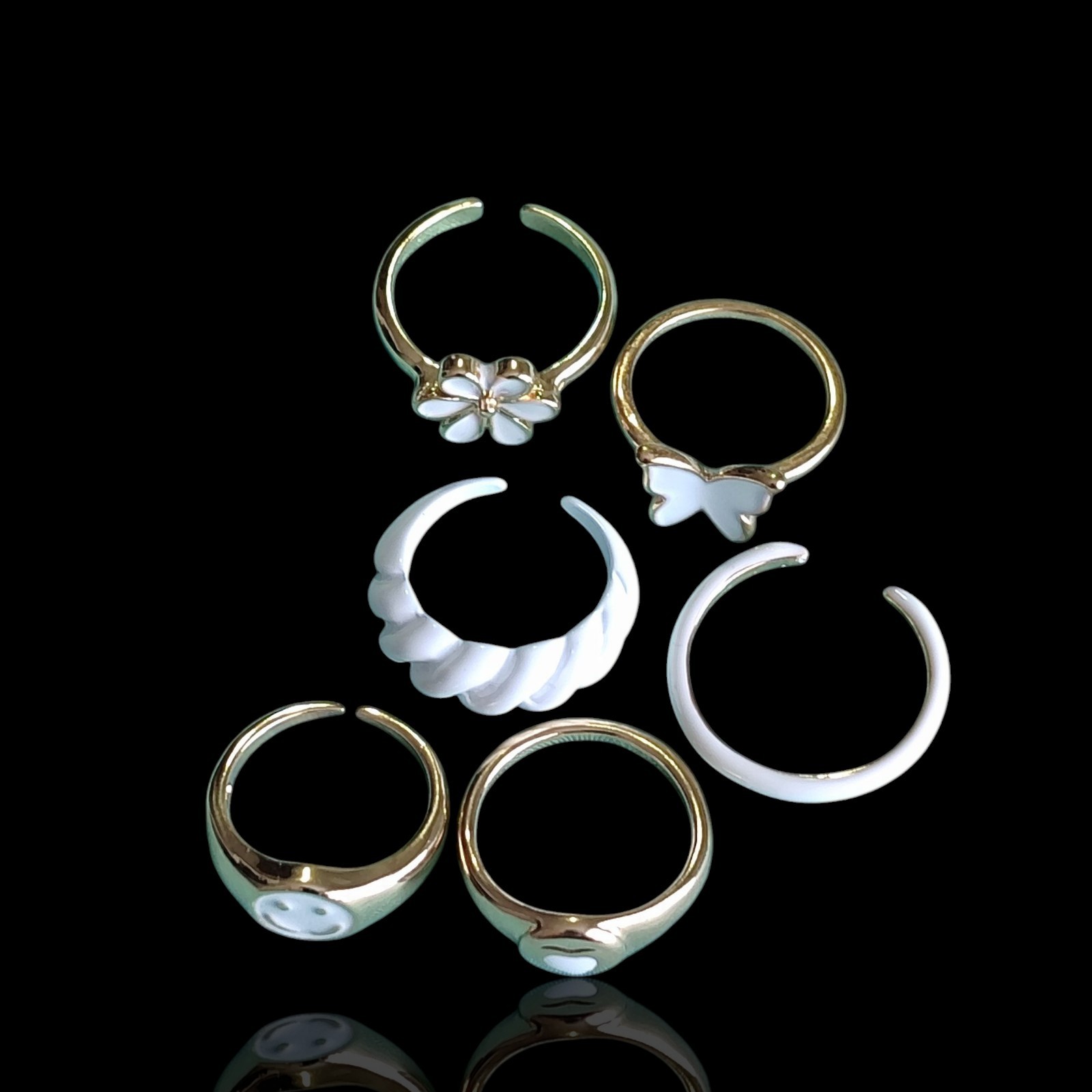 Solid & Adjustable Ring Lot Gold Tone White Ename… - image 2