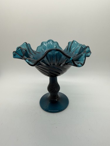 Vintage Teal Blue Glass Ruffled Edge Twisted Pedestal Compote Candy Dish