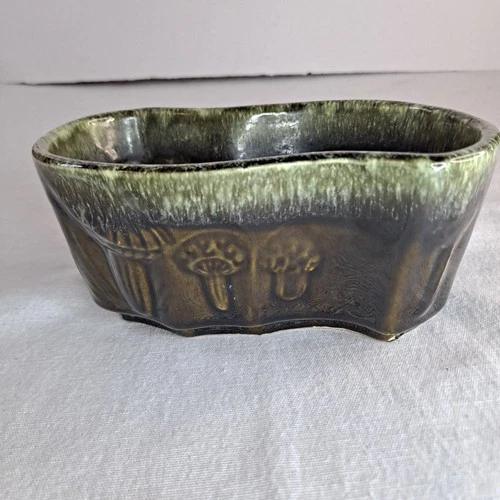 Vintage Hull Pottery Mushroom Planter Dark Green Olive Drip Glaze B2 Oblong