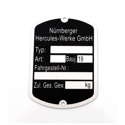 MOGA Aluminium Typenschild 50x35mm Schwarz für Hercules, Prima 1-6, GT, GX type