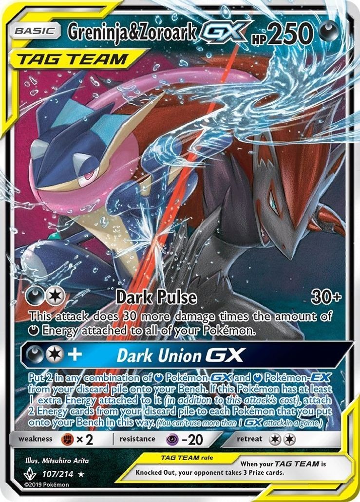 Greninja & Zoroark GX - 107/214 - Pokemon Unbroken Bonds Sun & Moon Rare Card NM