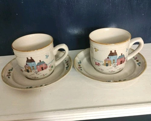 Vintage International Stoneware Heartland Coffee Cups and Saucers 7774 Set of 2