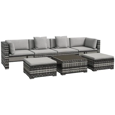 Outsunny 7 PCs Rattan Garden Furniture Set with Side Shelf, Stools, Table, Grey - Image 1 of 4