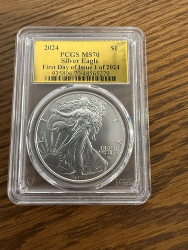 2024 (W) SILVER  EAGLE PCGS MS70 1 Of 2024 Gold Label First Day Of Issue