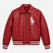 Men's Real Red Leather Varsity Bomber Jacket Polo Style Horse Graphic Jacket