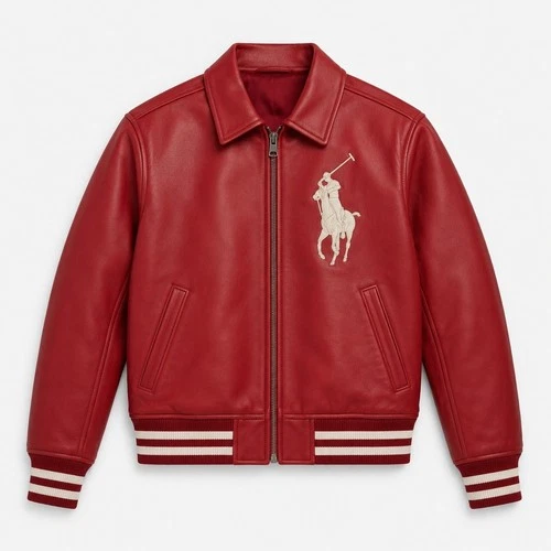 Men's Real Red Leather Varsity Bomber Jacket Polo Style Horse Graphic Jacket - product listing photo