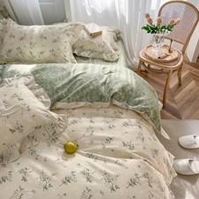 Duvet Cover Set Beige Floral Ruffled King 001 Ruffle- Green Beige Botanical