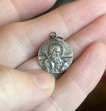 French Brass Medal ¾” Silver Round St. Benedict Pendant Necklace Latin