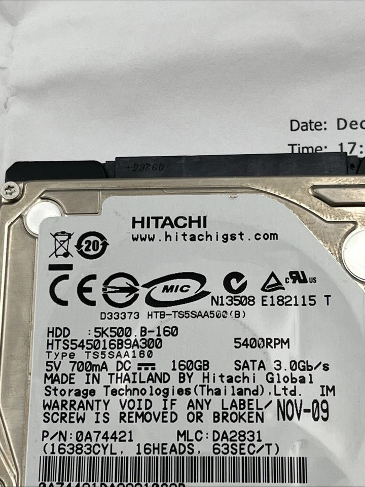Hitachi 160GB HTS545016B9A300 5400RPM SATA 2.5" Laptop HDD Hard Disk Drive - Image 3 of 4