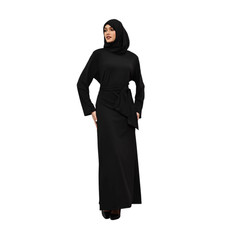 Elegant Women Black Hijab with Belt Maxi Dress Muslim Abaya Kaftan Evening Gown