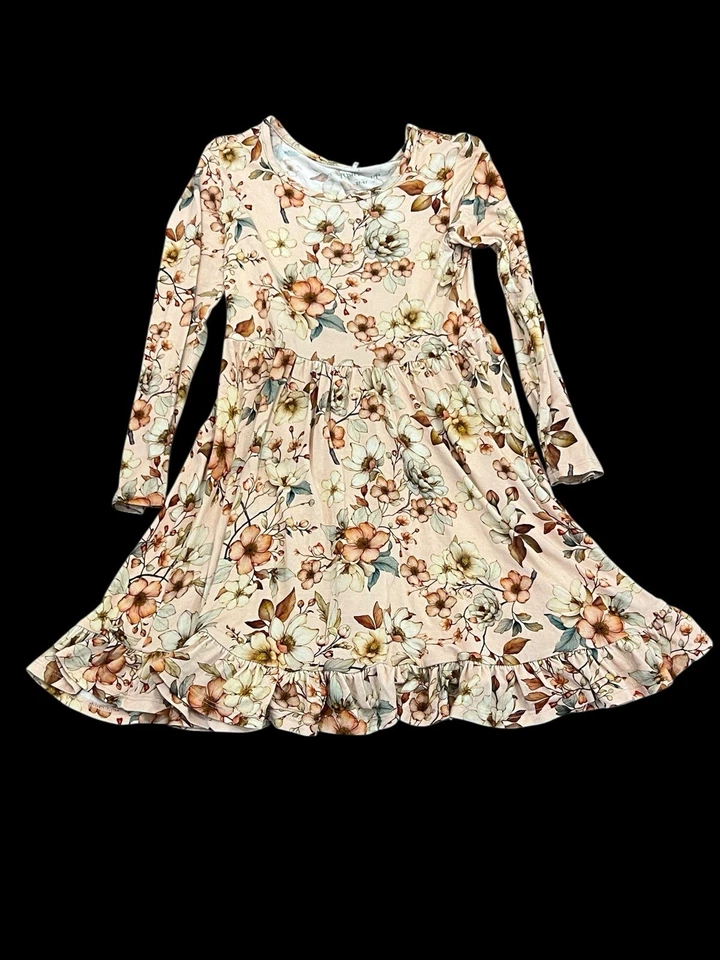 POSH PEANUT Ruffled Twirl Dress Bamboo Viscose Peach Floral Long Sleeve 5T-6T - Image 2 of 4