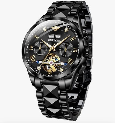 OUPINKE Mens Automatic Watches Diamond Skeleton Self Winding Luxury Wristwatch