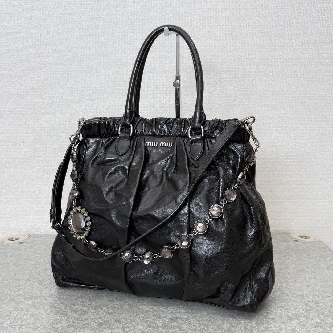 MIU MIU VITELLO SHINE SHOPPING Black 2-Way Tote Bag Leather MIU MIU VITELLO SHINE SHOPPING Black 2-Way Tote Bag Leather