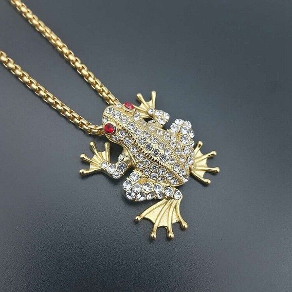 Alternate view of Men's Amulet Gold Plated Rhinestone Frog Necklace Pendant Fashion Jewelry Chain
