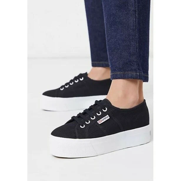 Superga Womens Black Canvas Lace Up Platform Sneakers Size 38 2790