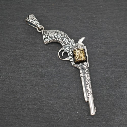 925 Sterling Silver &Brass Vintage Pistol Gun Biker Charm Pendant Jewelry A2548 - Picture 9 of 11