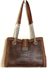 American Bling Western Tooled Brown Shoulder Bag Faux Leather Part Chain Straps
