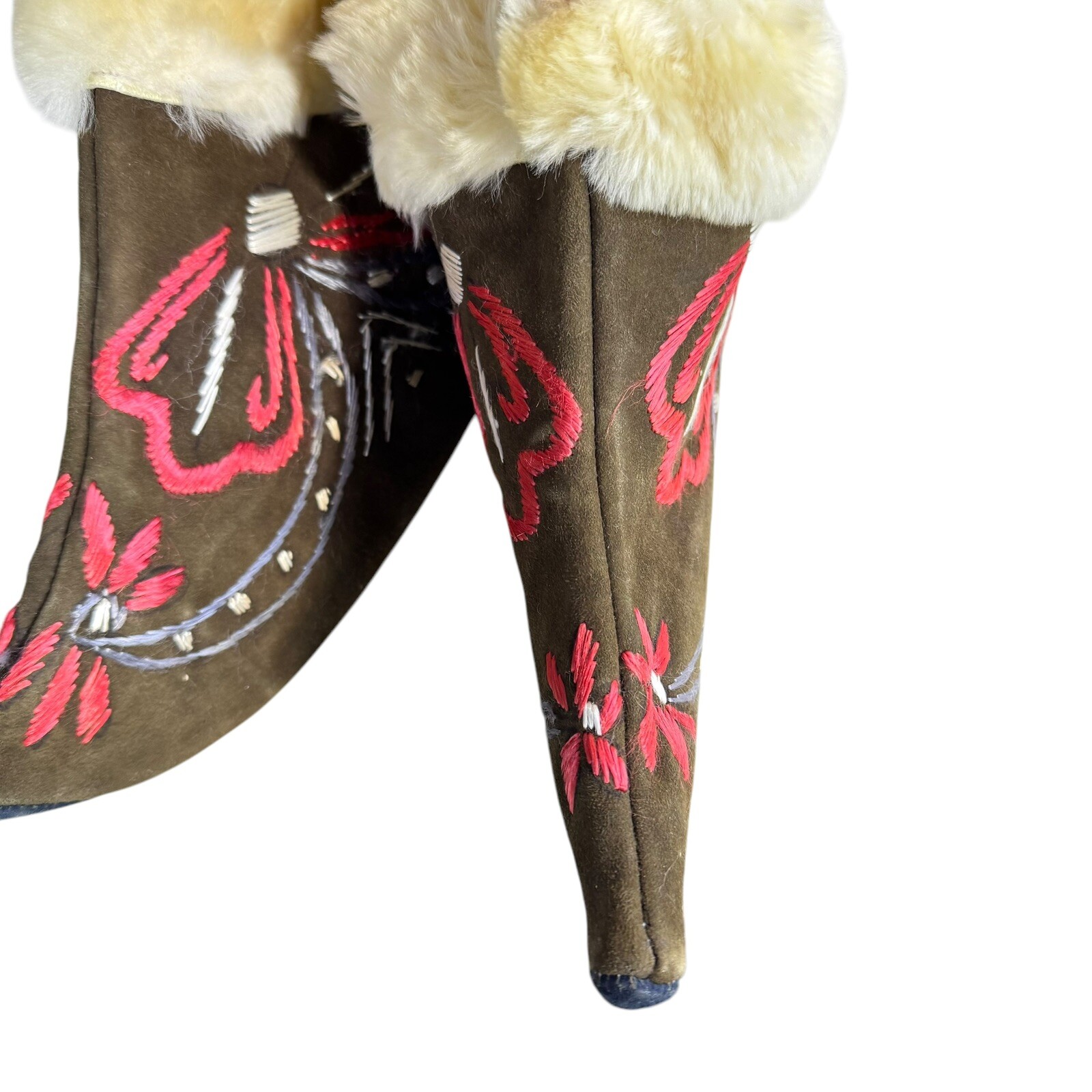 Pixie Brown Fur Lined Suede Embroidered Slippers … - image 4