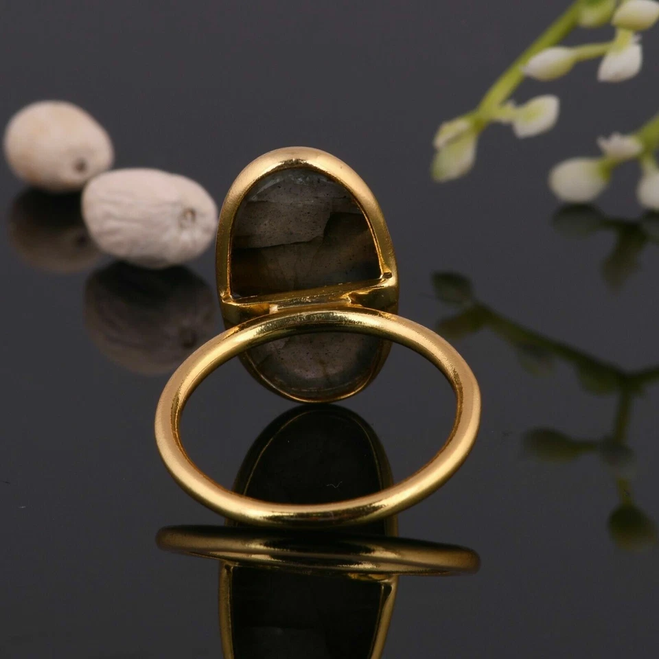 Anel grande de pedra labradorita folheado a ouro 925 anéis joias - Imagem 3 de 4