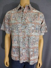 KAHALA Hawaiian Shirt Men SS 100% Cotton L Blue Tan White Fish Print Made in USA