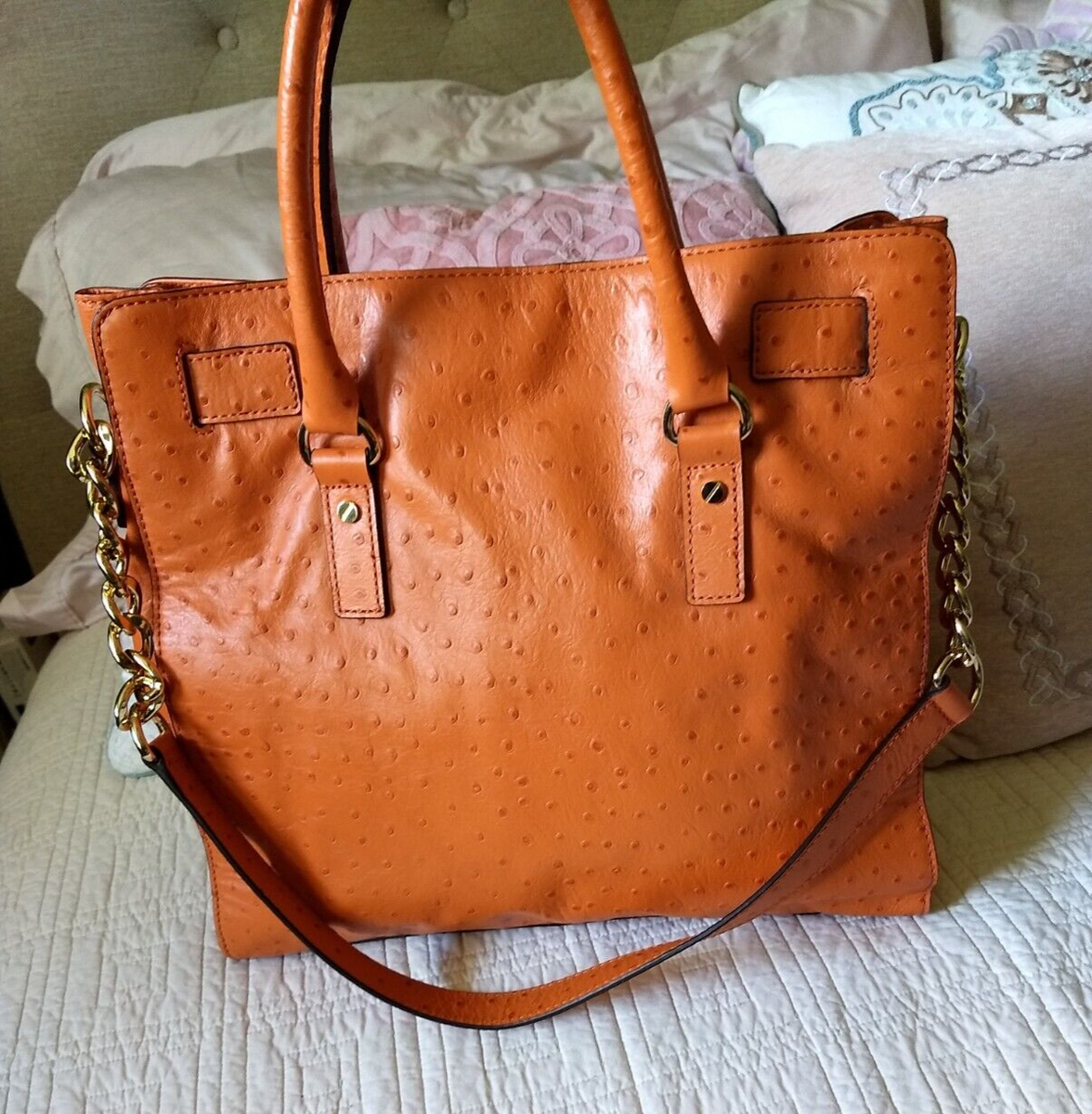 Michael Kors Ostrich-Embossed Hamilton Tangerine East/West Tote