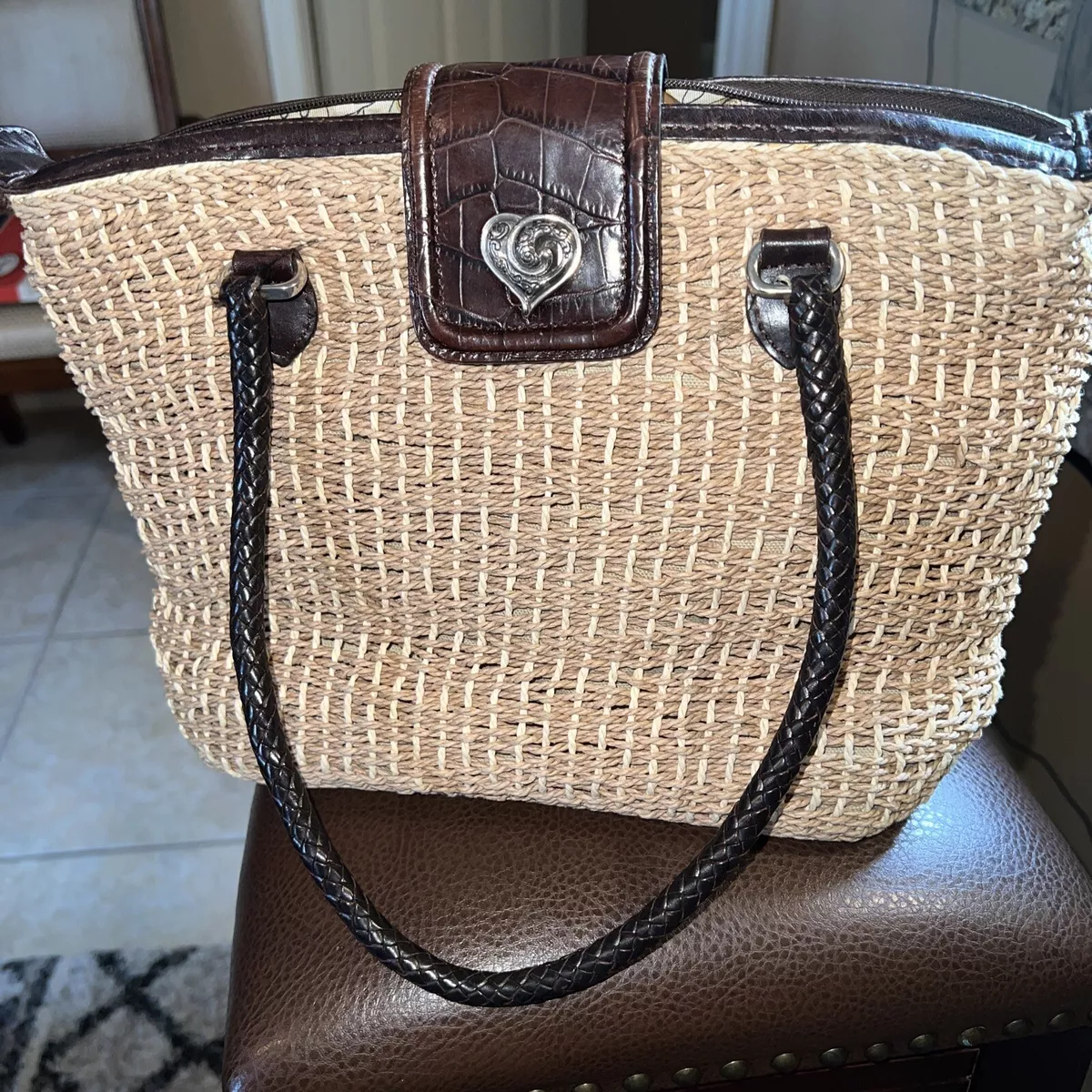 BRIGHTON Brown Straw Woven With Leather Trim Women's Tote Handbag 12×9×4  | eBay