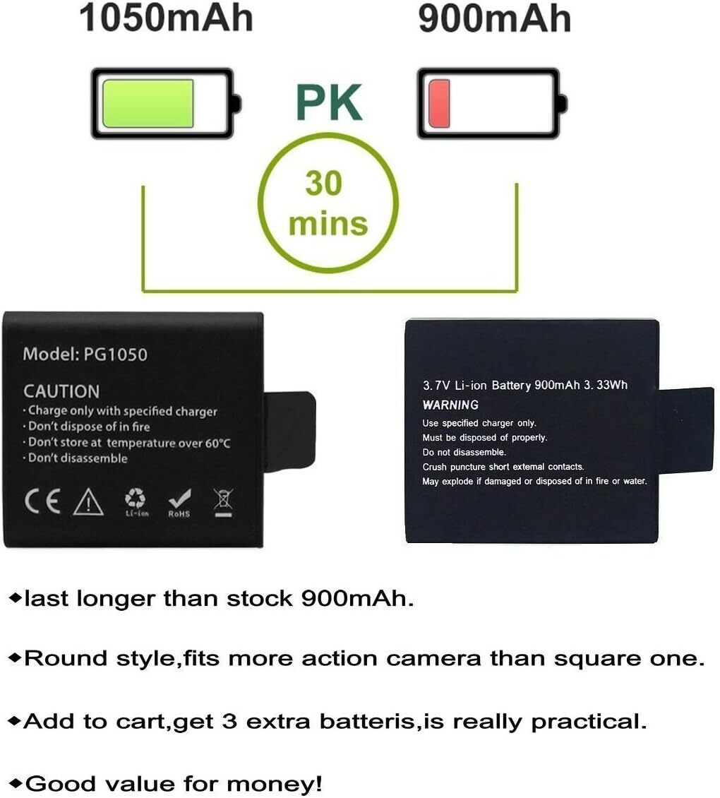 Vvhooy 3X1050 Battery Charger With 3 Batteries For Action Cameras Usb Ports
