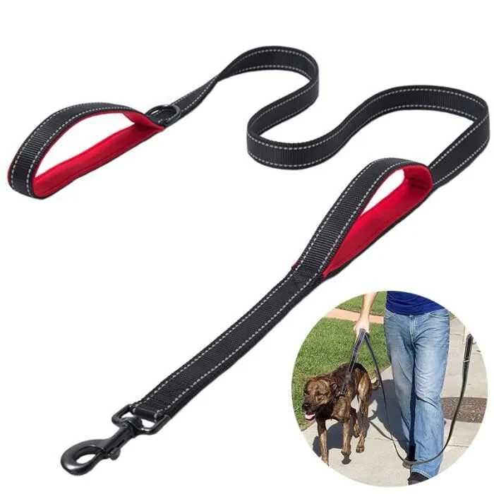 Laisse gros chien 1,8m nylon solide réfléchissant avec double poignée