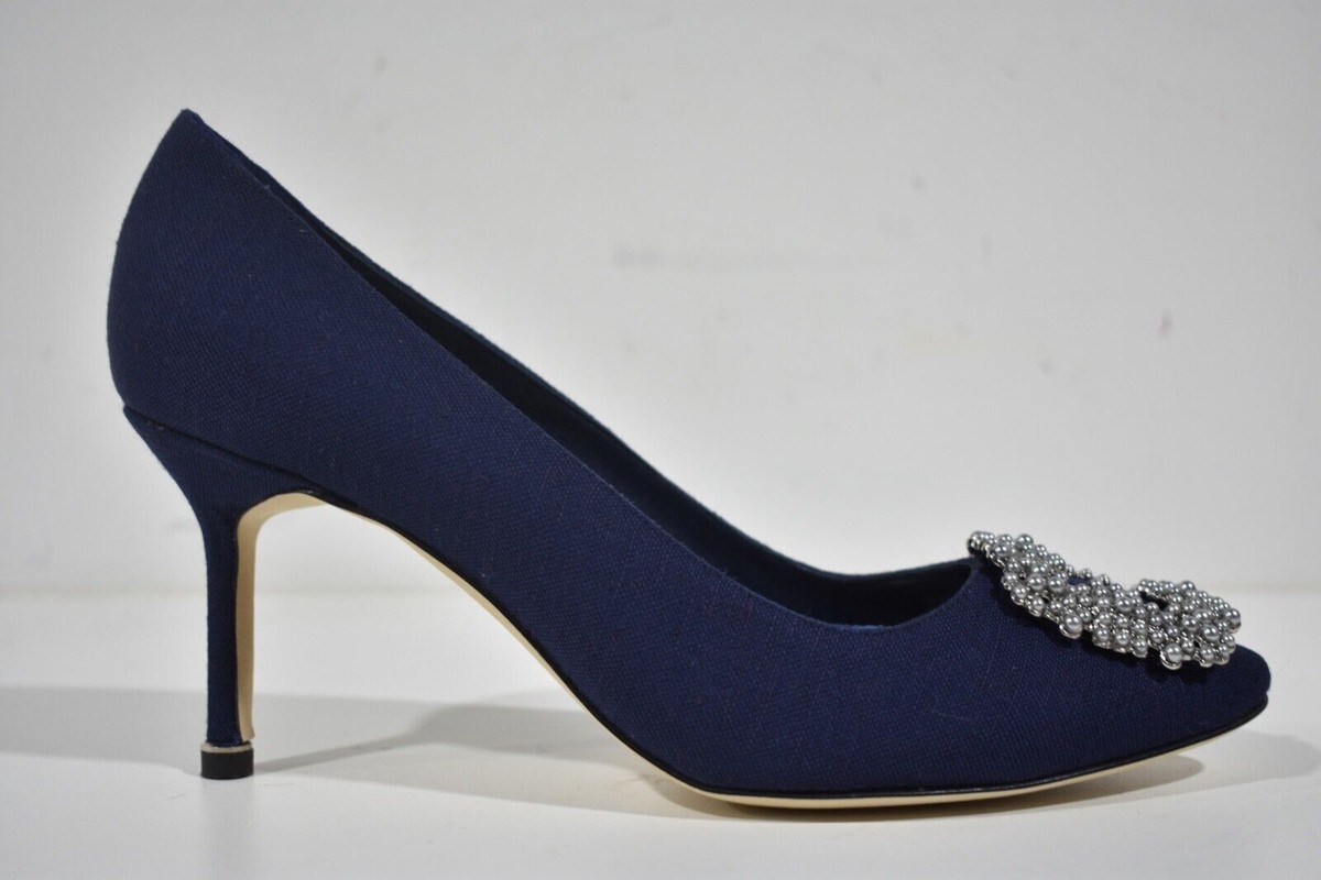 Manolo Blahnik Hangisi 70 Navy Blue Linen Pearl Jewel Buckle Low