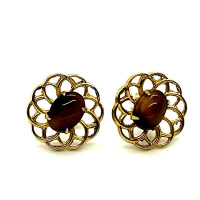 Tiger Eye Prong Set Gold Tone Pierced Earrings Posts