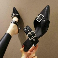 Fashion Womens Pointed Toe Mid Heel Faux Leather Slippers Club Casual Prom Mules