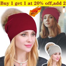 Women Winter Warm Cashmere Wool Knitted Hats Real Fur Pom Pom Ball Beanie Hat