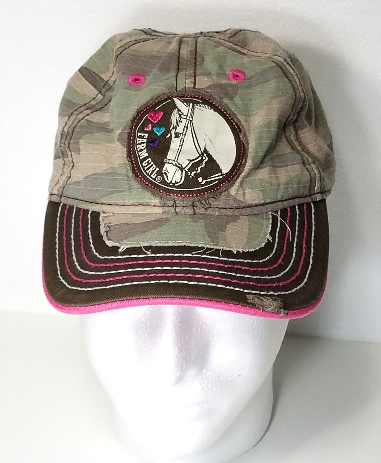 Camouflage Hat w/Pink Brim Farm Girl Embroidered Hors… Gem