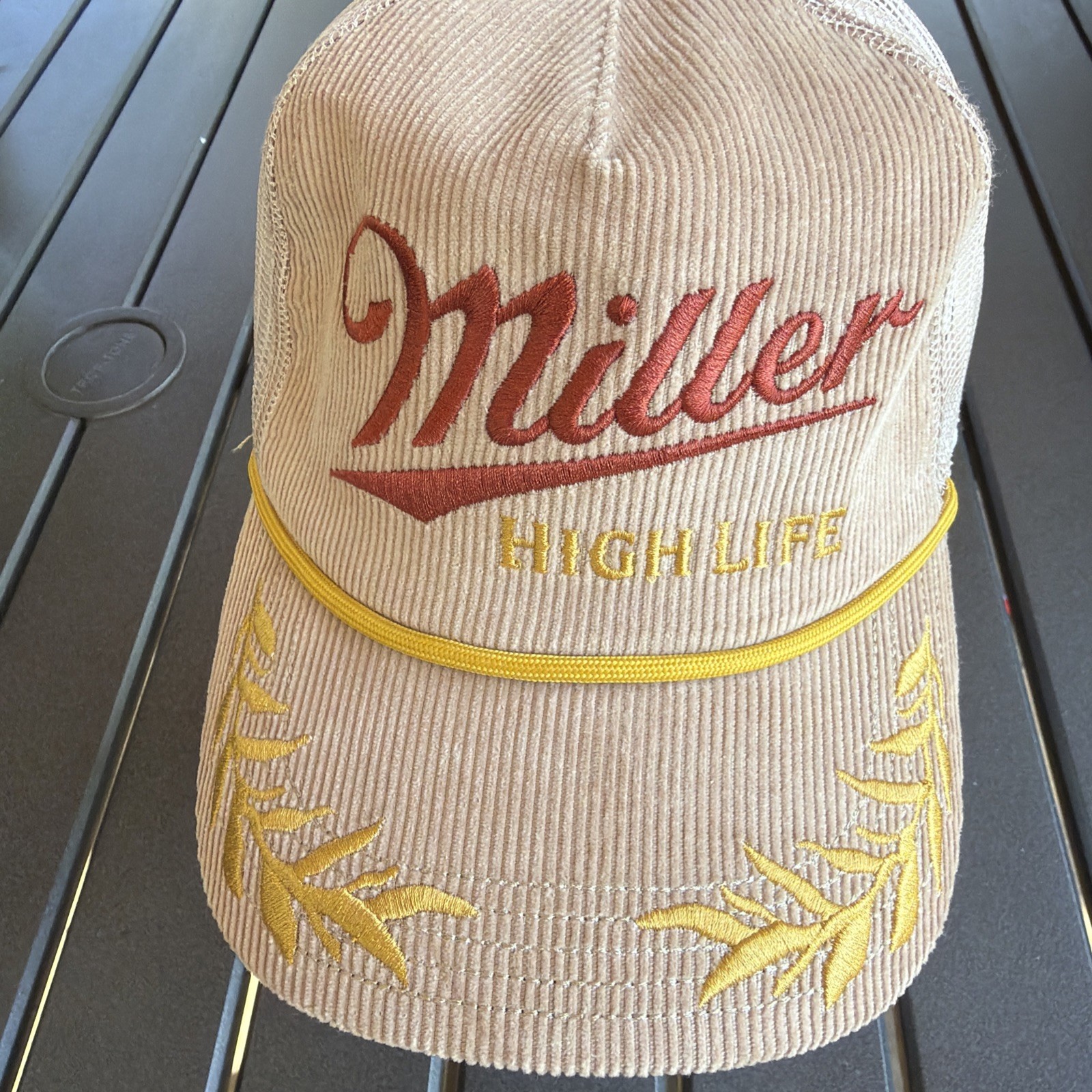 Miller High Life Beer Snapback Rope Cap 1980's Retro Tan Corduroy Trucker Hat