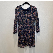 Navy Pink Floral Keyhole Neck 3/4 Sleeve Knee Length Shift Dress Women