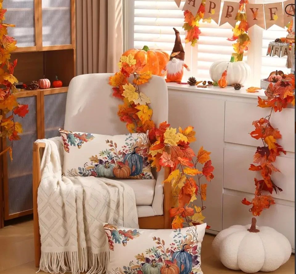 2pcs Rustic Autumn Pumpkin/Fall Leaves Pillow Covers-12x20in-Quality Linen Blend - Image 4 of 4