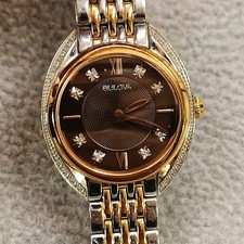 Bulova Women's Watch 98R230 Quartz Diamond Brown Dial Rose Gold Silver Tone 30mm