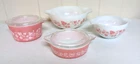 Vtg Pyrex Gooseberry Pink White Cinderella Casserole w/Lids x 2-Mixing Bowls x 2