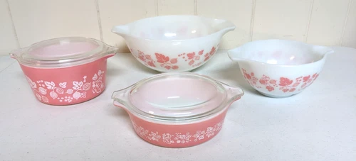 Vtg Pyrex Gooseberry Pink White Cinderella Casserole w/Lids x 2-Mixing Bowls x 2