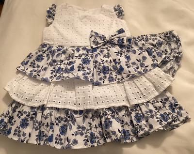 Bonne Baby Blue and White Floral Dress with Bloomers Size 12M #28